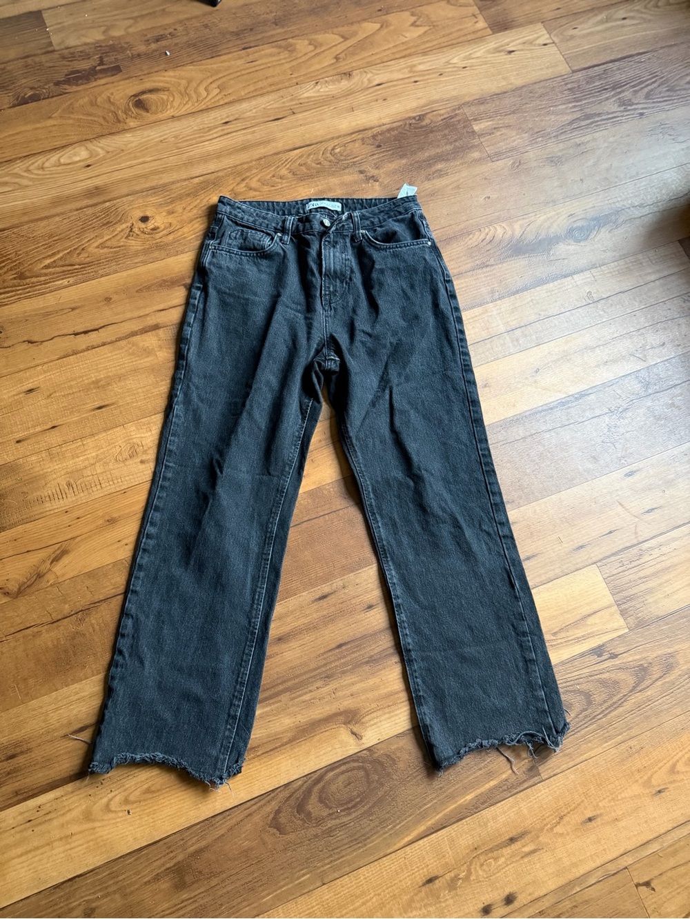 Zara Black Straight-Leg Jeans with Raw Hem